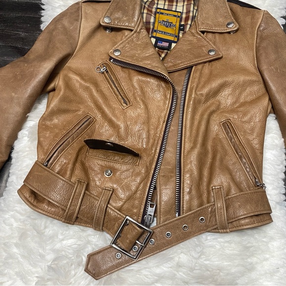 SCHOTT PERFECTO TAN LEATHER ASYMMETRICAL MOTORCYCLE 525W JACKET MOTO BIKER - Picture 5 of 10